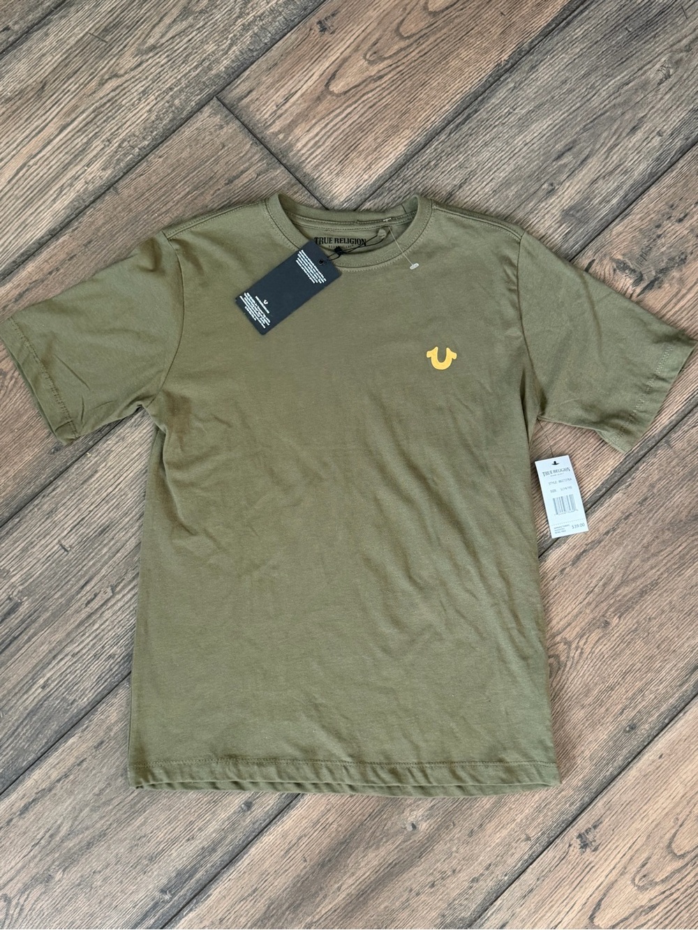 True Religion Olive Green Tee with Yellow Horseshoe Logo